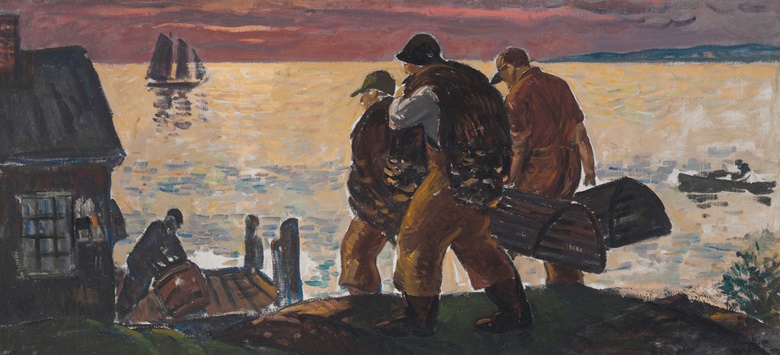 Gifford Beal (1879-1956), Lobstermen on the Shore. Oil on canvas
28 ⅛ x 60 in (71.4 x 152.4 cm). Estimate $50,000-70,000. This work is offered in American Art Online, 16-22 September