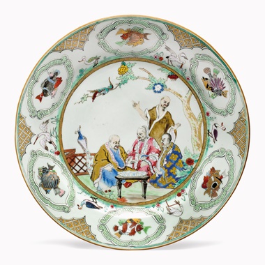 Kirill selects  A Chinese export famille rose Pronk Doctors large plate, circa 1738-1740. Enamelled after the design of Dutch artist Cornelis Pronk for the VOC. 10 in (25.5 cm) diameter. This work was offered in Living with Art, 13-14 October 2016 at Christie’s in New York and sold for $4,000
