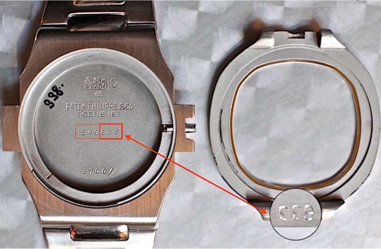 The latter three letters of the case serial number correspond with those punched under the bezel. Photograph courtesy of mstanga