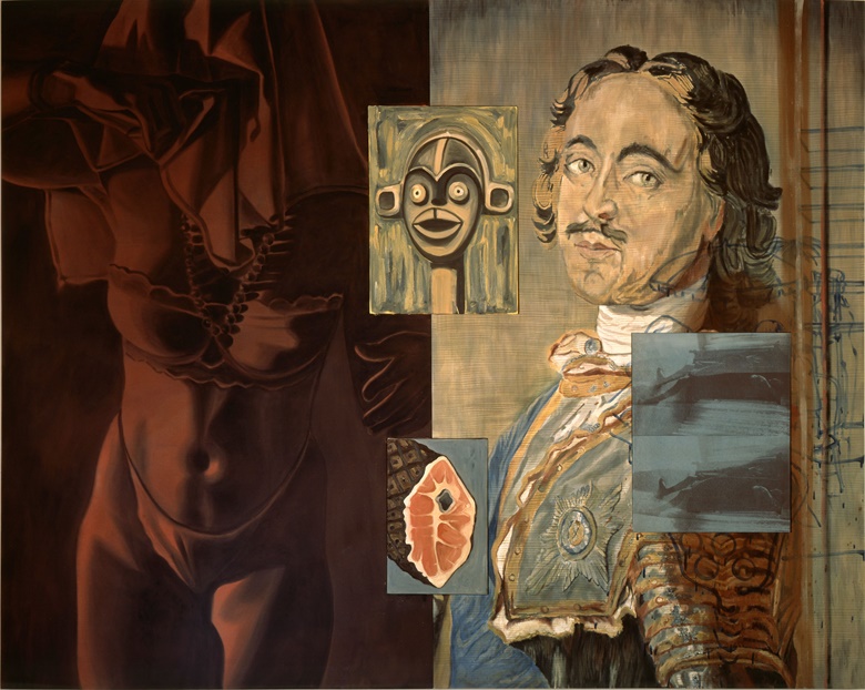 David Salle, Young Krainer, 1989. Acrylic and oil on canvas with two inserted panels. 84 x 104½ in (213.4 x 265.4 cm). © David SalleLicensed by VAGA, New York, NY. Courtesy of the artist and Skarstedt 