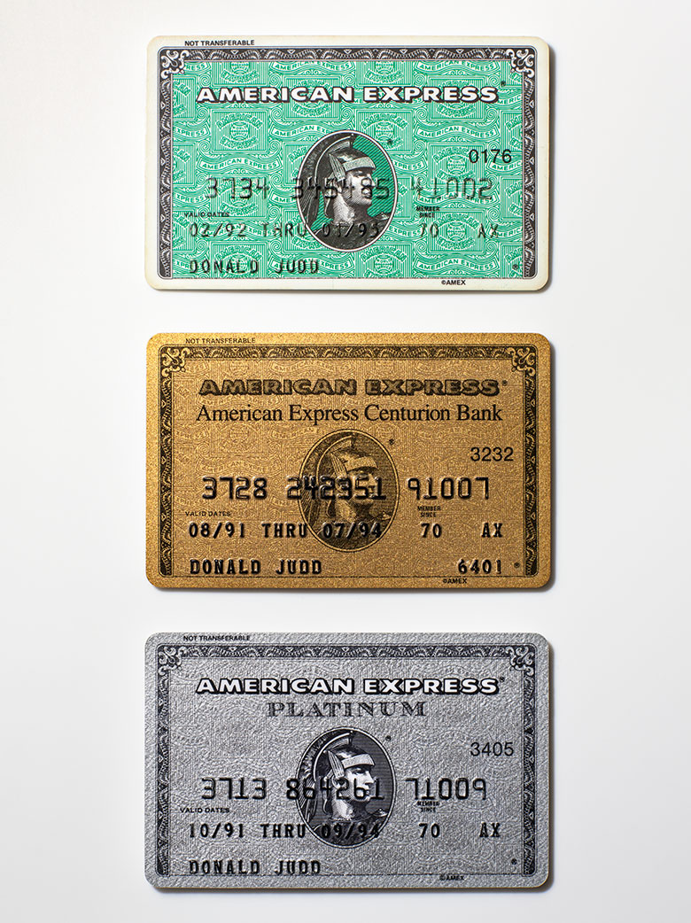 Donald Judd’s (1928-1994) tri-colour American Express credit cards, 1991 and 1992. Photography Henry Leutwyler
