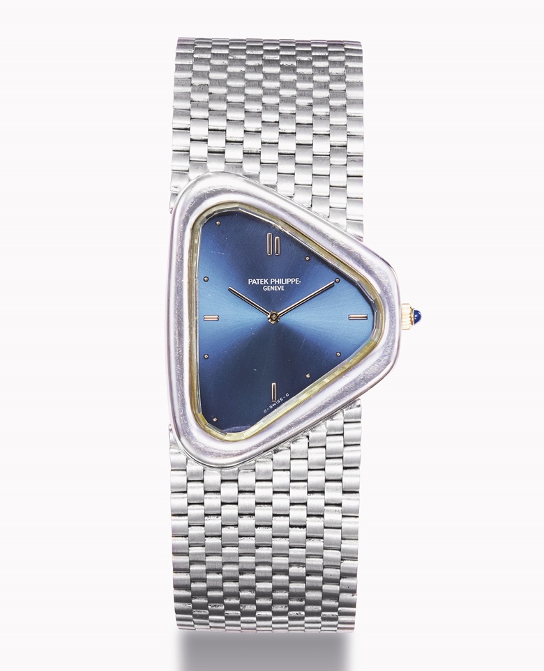 Patek Philippe. A unique, highly important and previously unknown 18k white gold triangular bracelet watch with diamond crystal glass. Signed Patek Philippe, Geneve, Ref. 38431, Movement No. 1’373’554, Case No. 2’914’662, Manufactured In 1991. Sold for HK$3,480,000 on 28 November 2016 at Christie’s in Hong Kong