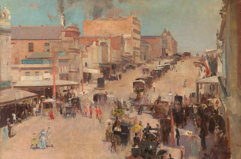 Tom Roberts, Allegro con Brio, Bourke Street West, about 1885-6, reworked 1890. Oil on canvas mounted on composition board. 51.2 × 76.7 cm. National Gallery of Australia, Canberra and the National Library of Australia, Canberra. Purchased 1920 by the Parliamentary Library Committee © National Gallery of Australia, Canberra and the National Library of Australia, Canberra