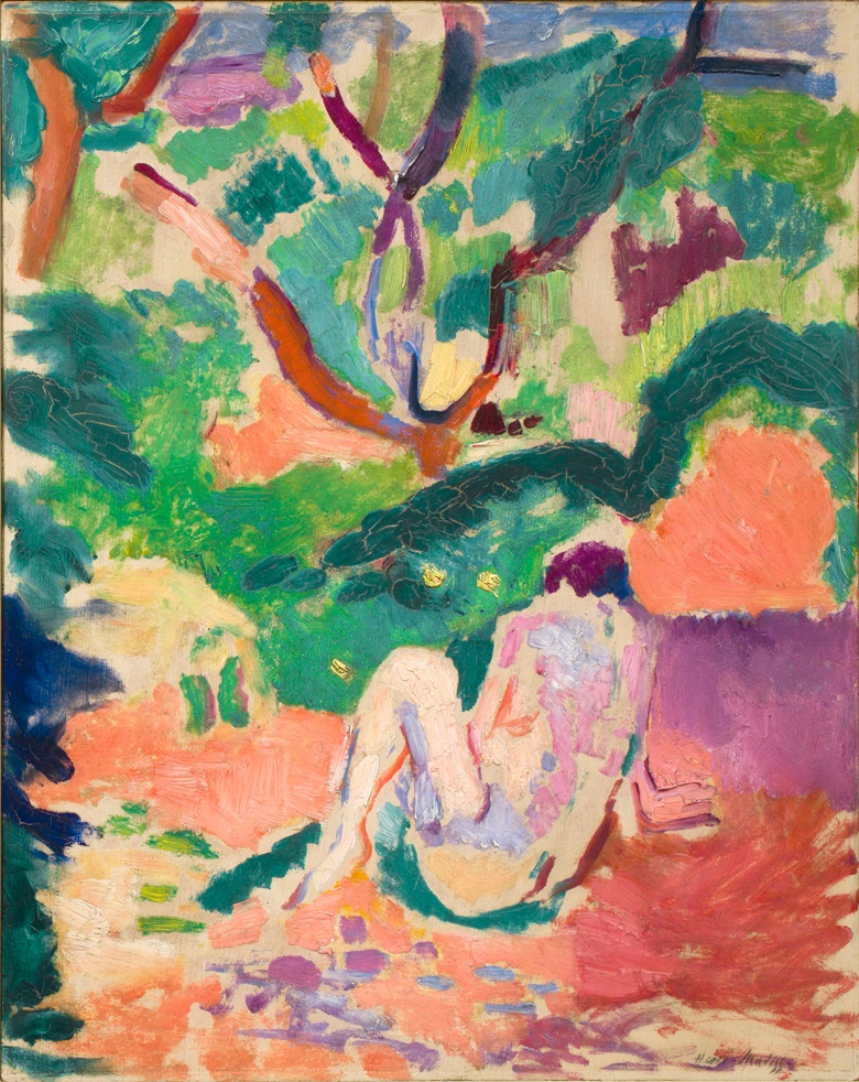 Henri Matisse (1869-1954), Nude in a Wood (Nu dans la forêt; Nu assis dans le bois), 1906. Oil on board mounted on panel. 16 x 12 in (40.6 x 32.4 cm). Brooklyn Museum, Gift of George F. Of, 52.150 © 2016 Succession H. Matisse Artists Rights Society (ARS), New York