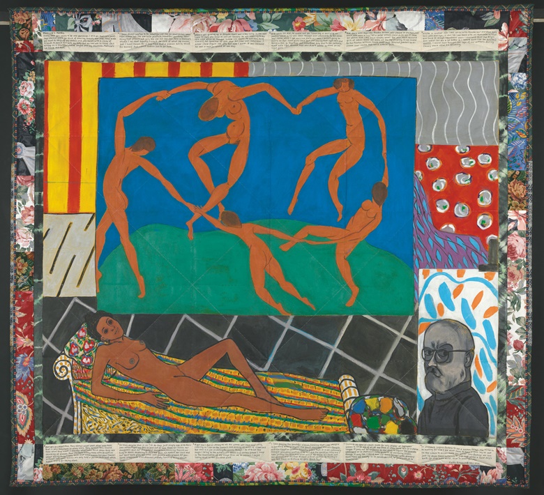 Faith Ringgold (b. 1930), Matisses Model, 1991 (From the Series The French Collection Part I; #5). Acrylic on canvas, printed and tie-dyed fabric, ink. 73 x 79 in (185.42 x 201.93 cm). Baltimore Museum of Art Frederick R. Weisman Contemporary Art Acquisitions Endowment (BMA 1999.66) © 2016 Faith Ringgold Artists Rights Society (ARS), New York