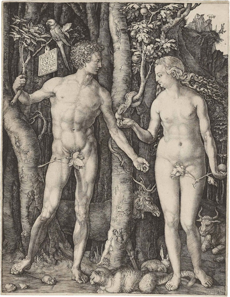 Albrecht Dürer, Adam and Eve (B., M,. Holl. 1; S.M.S. 39). Engraving, 1504. Sold for $662,500 on 29 January 2013 at Christie’s in New York