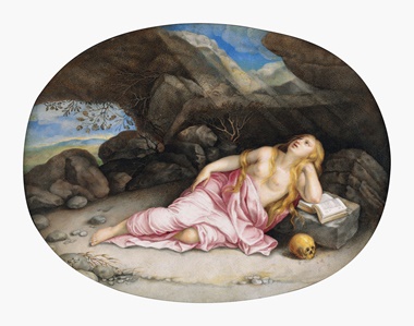 Giovanna Garzoni (Ascoli 1600-1670 Rome), Mary Magdalen in the Desert, after Orazio Gentileschi. Traces of black chalk, bodycolour and gum arabic on vellum laid down on panel, 6⅝ x 8½ in (16.8 x 21.6 cm), oval. Sold for $75,000 in Old Master Drawings on 24 January 2017 at Christie’s in New York