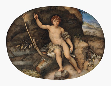 Giovanna Garzoni (Ascoli 1600-1670 Rome), Saint John the Baptist in the Wilderness, After Raphael. Traces of black chalk, bodycolour and gum arabic on vellum laid down on panel, 6⅝ x 8½ in (16.8 x 21.6 cm), oval. Sold for $75,000 in Old Master Drawings on 24 January 2017 at Christie’s in New York 