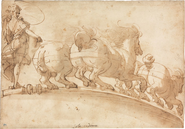 Luca Cambiaso (Moneglia 1527-1585 Madrid), The Chariot of the Setting Sun. Pen and brown ink, brown wash, watermark circle surmounted by a cross with initial M, 8½ x 11⅞ in (21.6 x 30.2 cm). Sold for $15,000 in Old Master Drawings on 24 January 2017 at Christie’s in New York
