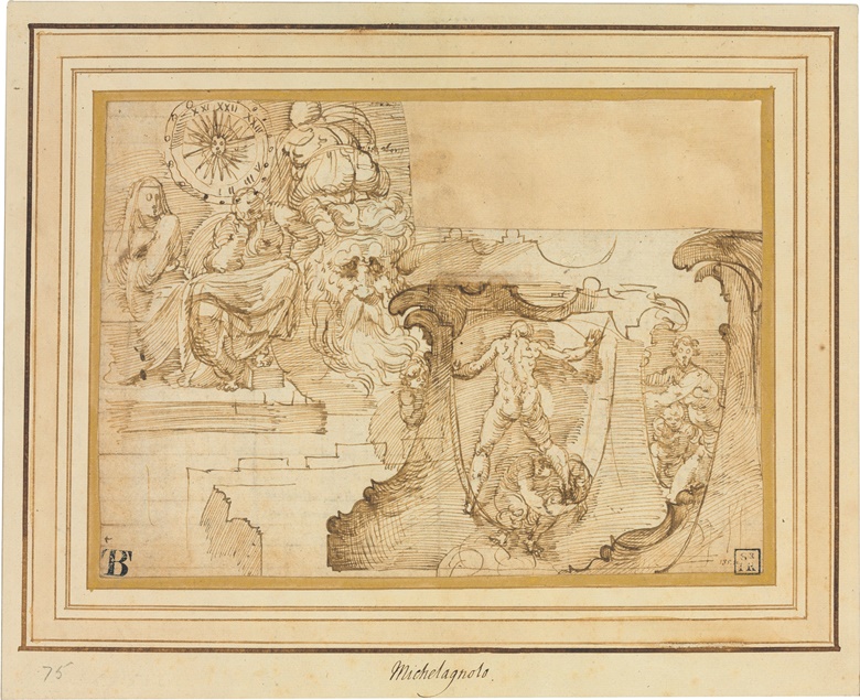 Raffaello da Montelupo (Montelupo Fiorentino 1504-1566 Orvieto), A sheet of studies including an astrological clock, the head of a bearded man, standing nudes and architectural details. Pen and brown ink, the upper right section made up, 6⅜ x 8⅞ in (16.2 x 22.5 cm). Sold for $27,500 in Old Master Drawings on 24 January 2017 at Christie’s in New York