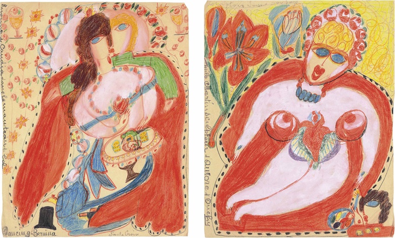 Aloïse Corbaz (1886-1964), Dancing BerninaMilo Martin Sculpteur dAurore dOuchy (double-sided). Crayon, graphite and tempera on paper. 17½ x 14 in. Sold for $21,250 at Christie’s in New York on 24 September 2015