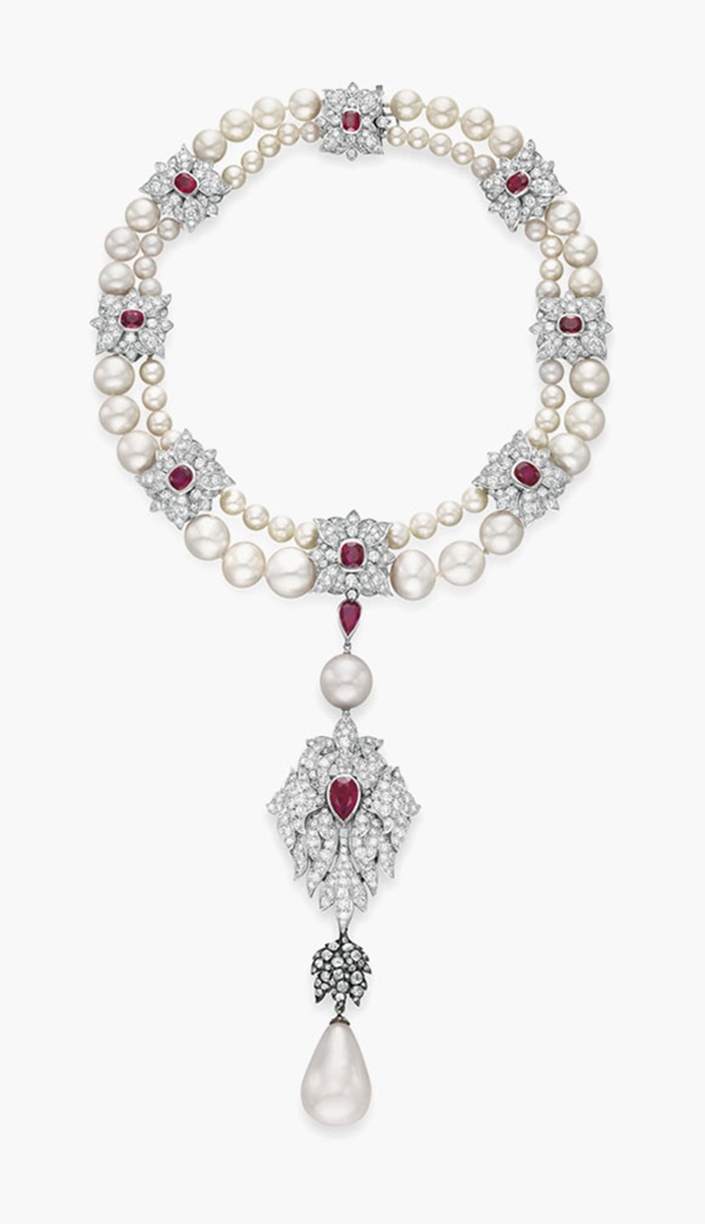 La Peregrina. A natural pearl, diamond, ruby and cultured pearl necklace, by Cartier. Sold for $11,842,500 on 13 December 2011 at Christie’s in New York