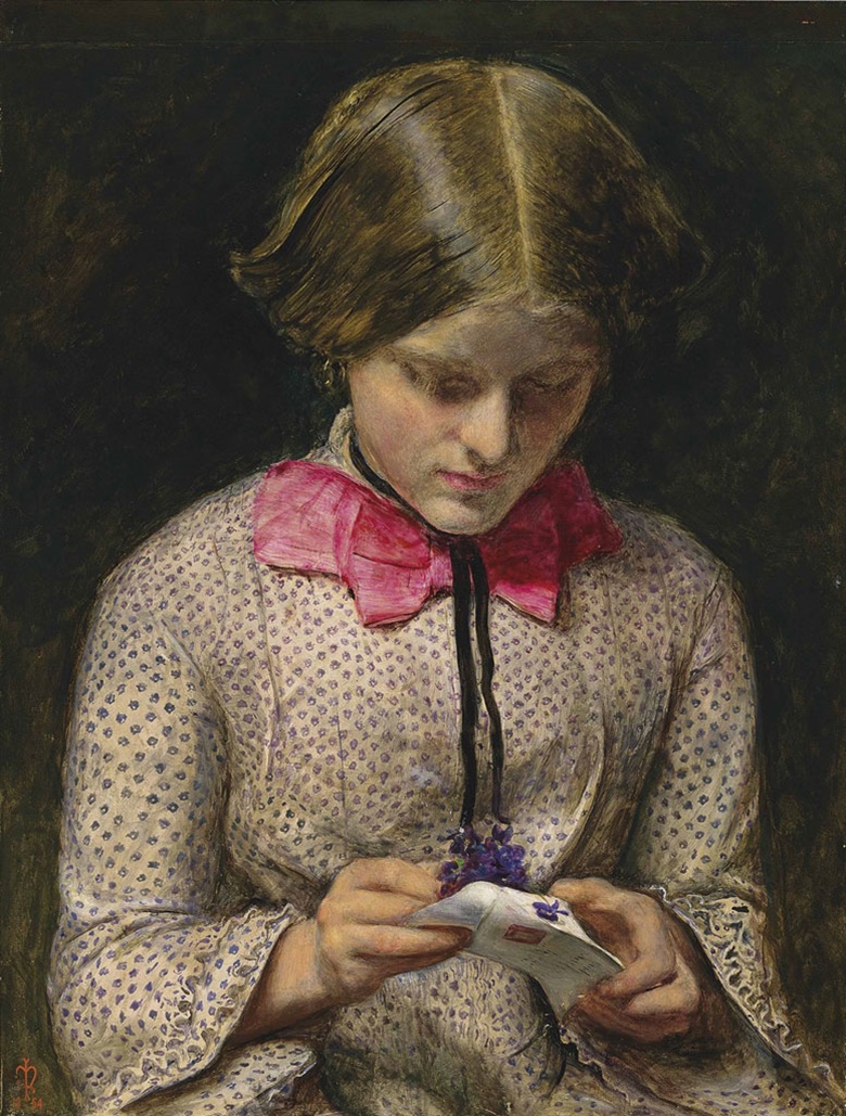 Sir John Everett Millais, P.R.A. (1829-1896), The Violets Message, 1854. Oil on panel. 10 x 7¾ in (25.4 x 19.7 cm). Sold for £602,500 on 30 June 2016 at Christie’s in London