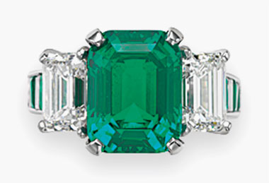 A three-stone emerald and diamond ring, by Carvin French. 4.42 carats, Colombia. No clarity enhancement. Sold for $293,000 on 10 December 2015 at Christie’s in New York