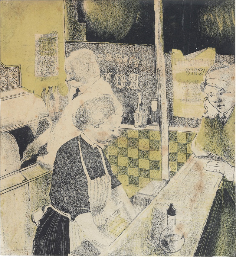 David Hockney (b. 1937), Fish and Chip Shop, 1954. Lithograph in colours, 14½ x 13¼ in (36.8 x 33.7 cm). Sold for £18,750 on 29 March 2017 at Christie’s in London