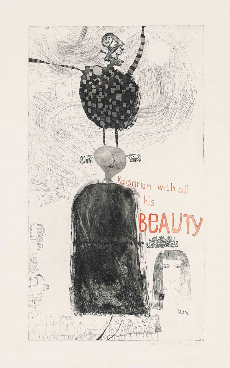 David Hockney (b. 1937), Kaisarion with All His Beauty, 1961. Etching and aquatint in black and red. Plate 493 x 278 mm, Sheet 703 x 503 mm. Sold for £13,750 on 29 March 2017 at Christie’s in London
