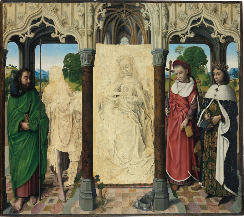 Attributed to Hugo van der Goes (Ghent, c. 1440-1482 Rode Klooster, near Brussels), The Virgin and Child with Saints Thomas, John the Baptist, Jerome and Louis. Oil on panel. 43⅝ x 49¼ in (110.8 x 125.2 cm). Estimate $3,000,000-5,000,000. This work is offered in Old Masters on 27 April 2017 at Christie’s in New York