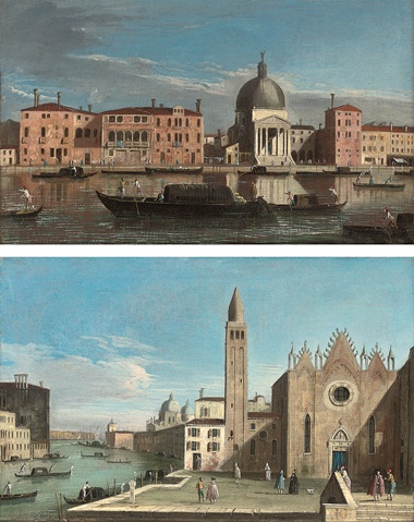 Apollonio Domenichini (formerly known as The Master of the Langmatt Foundation) (Venice c. 1740-70), The Grand Canal, Venice, looking west towards San Simeone Piccolo, and The Grand Canal, Venice, looking east with the Scuola della Carità. Oil on canvas. 12½ x 19½ in (31.8 x 49.6 cm). A pair. Sold for £19,700 on 31 October 2007 at Christie’s in London