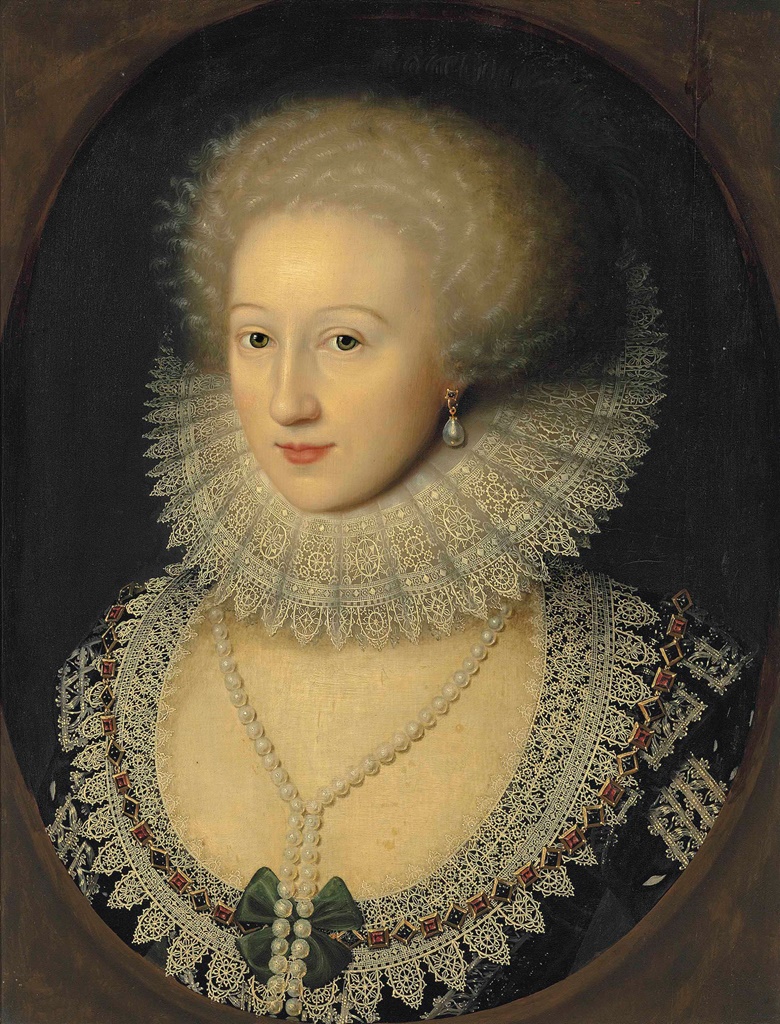 William Larkin (London c. 1585-1619), Portrait of a lady, bust-length, in a black dress with a reticella lace neckline and a cartwheel ruff, with a pearl necklace and earrings, in a feigned oval. Oil on panel. 22⅝ x 17½ in (57.5 x 44.4 cm). Sold for £266,500 on 7 July 2016 at Christie’s in London