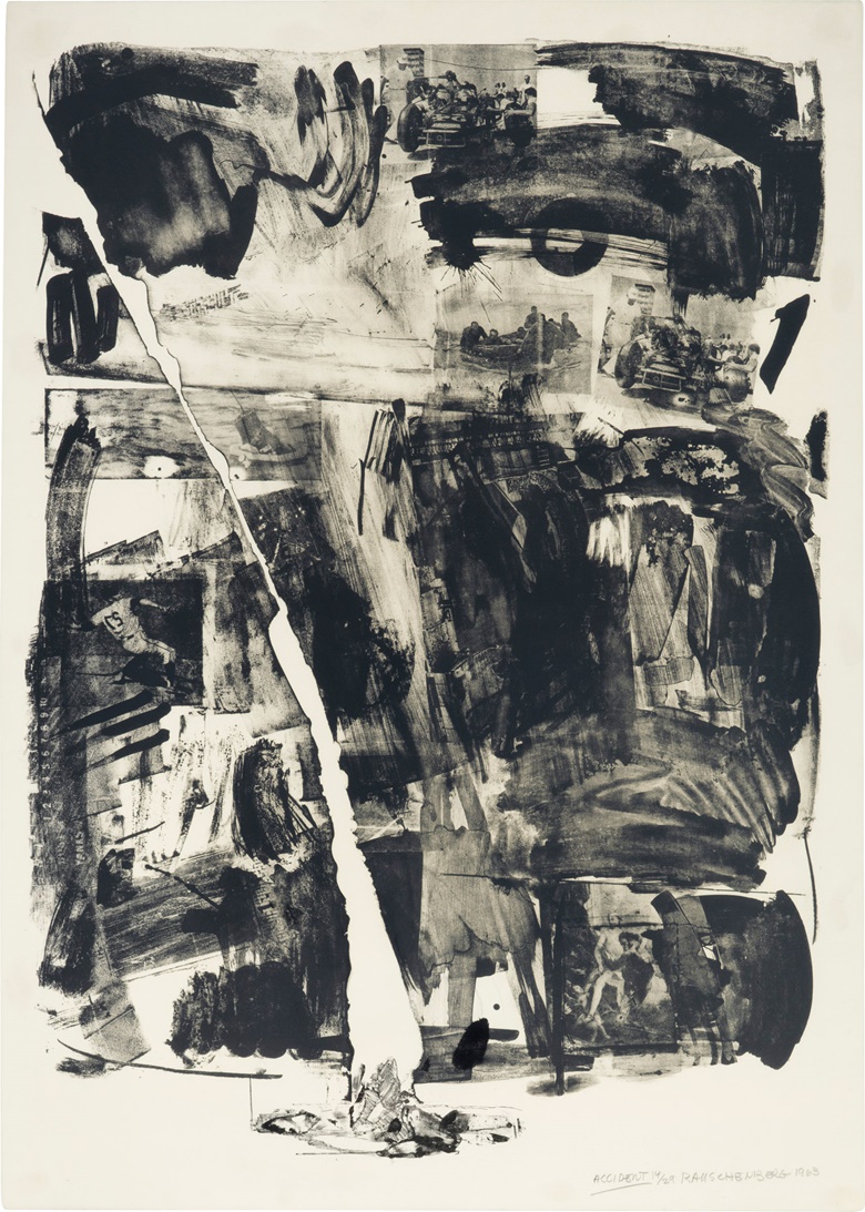 Robert Rauschenberg (1925-2008), Accident, 1963. Image 37½ x 27 in (940 x 686 mm). Sheet 41¼ x 29¼ in (1048 x 743 mm). Sold for $93,750 on 19-20 April 2017 at Christie’s in New York