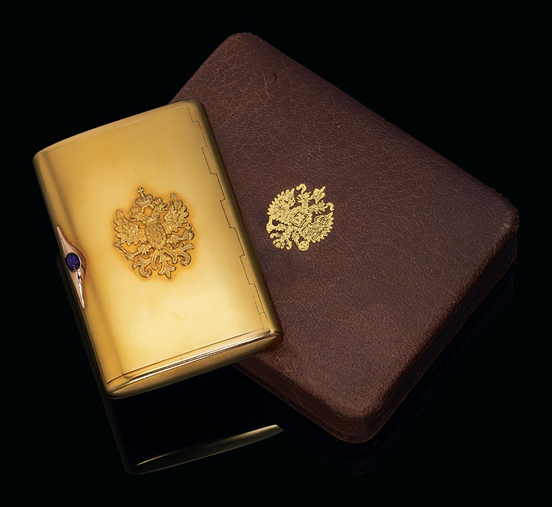 A jewelled two-colour gold presentation cigarette case, mark of Andrei Bragin, St. Petersburg, circa 1909. Sold for £8,750 on 26 November 2012 at Christie’s London
