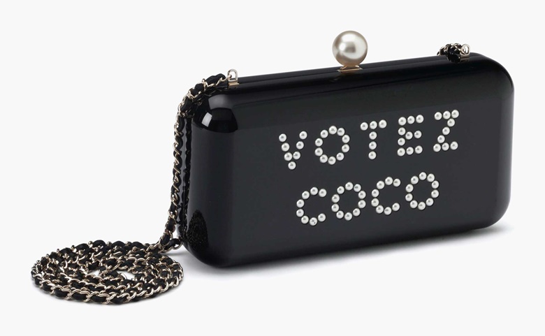 A runway pearl & black lucite ‘Votez Coco’ clutch with gold hardware, Chanel, 2015. Estimate $3,000-4,000. This lot is offered in the Handbags & Accessories Online sale, 13-22 June