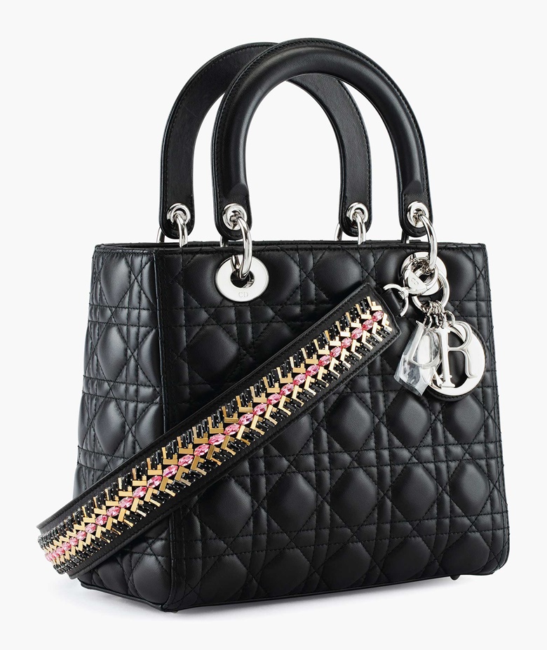 A black quilted leather Lady Dior medium bag with embellished strap & silver hardware, Christian Dior, 2016. Estimate $1,500-2,500. This lot is offered in the Handbags & Accessories Online sale, 13-22 June