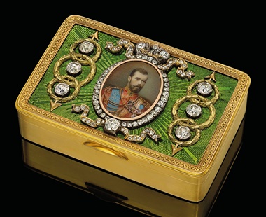 A rare and important three-colour gold and guilloché enamel imperial presentation snuff-box marked Fabergé, with the workmasters mark of Michael Perchin, St. Petersburg, circa 1890, scratched inventory number 999. Sold for £385,250 on 6 June 2011 at Christie’s London
