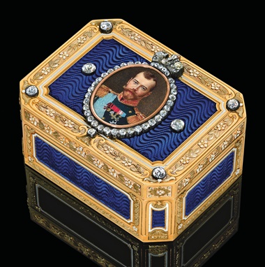 A rare and important jewelled three-colour gold and guilloché enamel imperial presentation snuff-box, marked Fabergé, with the workmasters mark of Henrik Wigström, St. Petersburg, 1908-1917, scratched inventory number 1978, the portrait miniature by Vasilii Zuev. Sold for £937,250 on 29 November 2010 at Christie’s London