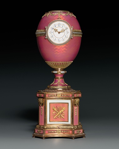 The Rothschild Egg. A jewelled vari-coloured gold-mounted and enamelled egg on plinth, incorporating a clock and an automaton by Karl Fabergé, workmaster Michael Perchin, St. Petersburg, dated 1902. Sold for £8,980,500 ($17,867,602) in November 2007 at Christie’s in London