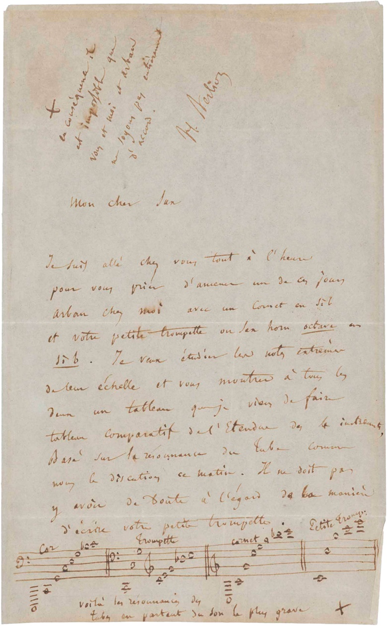 Hector Berlioz (1803-1869). Autograph letter signed [to Adolphe Sax], n.p., Paris, n.d., c. 1852. One page, 8vo (199 x 123 mm). (MOG 110). Estimate $3,500-5,000. This lot is offered in The Metropolitan Opera Guild Collection on 15 June 2017, at Christie’s in New York