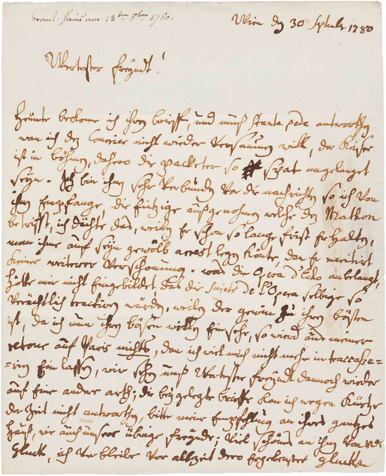 Christoph Willibald Gluck (1714-1787). Autograph letter signed [to Franz Kruthoffer], Vienna, 30 September 1780. One page, 4to (233 x 189 mm), integral address leaf (small seal hole, edge of adhesive from former frame along top margin), (MOG 128). Estimate $20,000-30,000. This lot is offered in The Metropolitan Opera Guild Collection on 15 June 2017, at Christie’s in New York