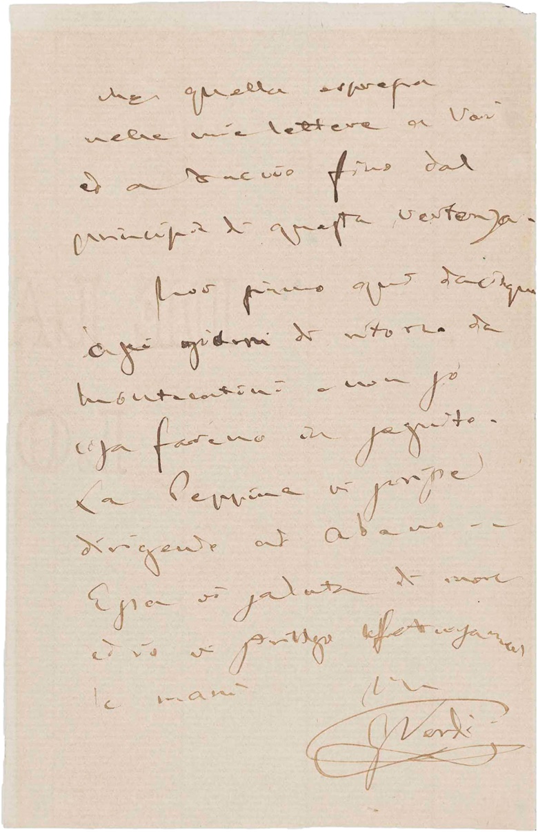 Giuseppe Verdi (1813–1901). Autograph letter signed to Romilda Pantaleoni, 3 July 1887, regarding the role of Desdemona. 3 pages, 12mo (170 x 110 mm). (MOG 174). Estimate $4,000-6,000. This lot is offered in The Metropolitan Opera Guild Collection on 15 June 2017, at Christie’s in New York