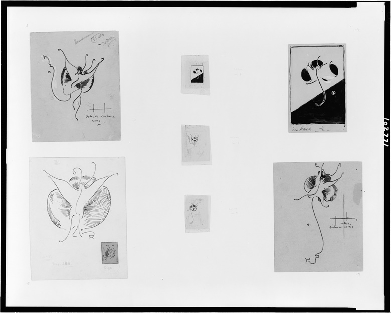 James McNeill Whistler (1834-1903), Butterfly designs, 1890-99. Seven drawings, pen and ink, white paint, and graphite, with four photomechanical print reproductions