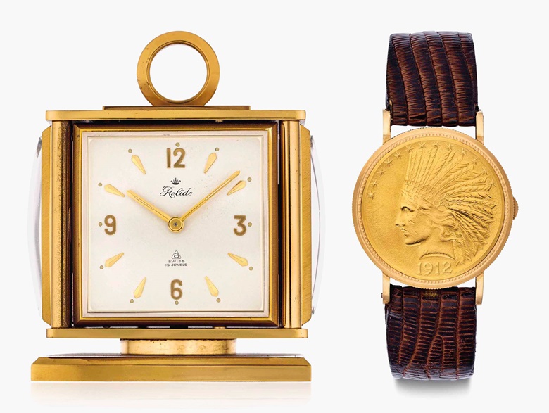 Eska & Relide. A fine 18k gold Ten Dollar Coin wristwatch and gilt-brass desk clock, belonging to American Major League Baseball legend Joe DiMaggio. Watch signed Eska, Ten Dollar Coin. Clock signed Relide, No. 1483923, 58 334. Circa 1965. Estimate $40,000-80,000. This lot is offered in Rare Watches and American Icons on 21 June 2017, at Christie’s in New York