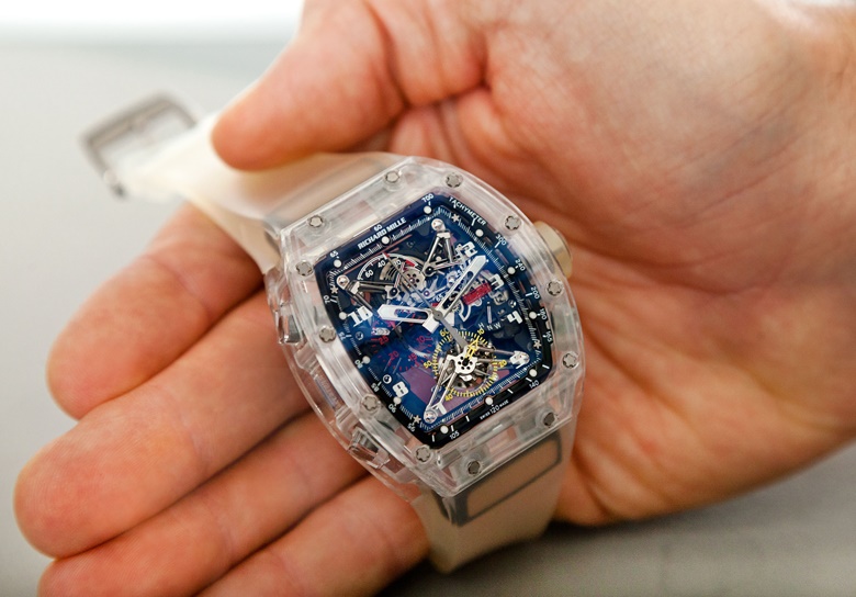Richard Mille. An extremely fine and very rare sapphire split-seconds chronograph wristwatch with tourbillon and power reserve. Signed Richard Mille, Prototype No. 2, Ref. RM056, c. 2012. Sold for $1,207,500 on 21 June 2017 at Christie’s in New York