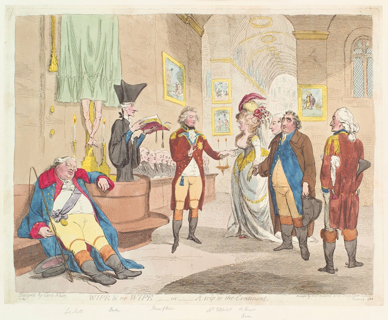 James Gillray (1756-1815), Wife & No Wife, or, A Trip to the Continent, 1786. Rumours of the secret marriage of George IV led to speculation and a wave of satirical images. Here, the couple is seen in an imagined elopement in a Catholic church in Europe. Charles James Fox (1749-1806) gives Maria Fitzherbert away, in loco parentis, while the Whig MP, Edmund Burke (1729-1797), conducts the