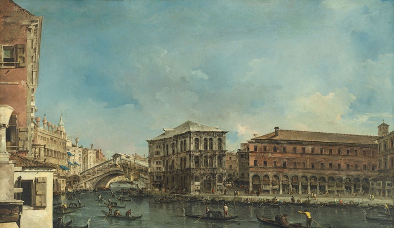 Francesco Guardi (Venice 1712-1793), Venice the Rialto Bridge with the Palazzo dei Camerlenghi. Oil on canvas, 47⅛ x 80½ in (119.7 x 204.3 cm). Sold for £26,505,000 in Old Masters Evening Sale on 6 July 2017 at Christie’s in London
