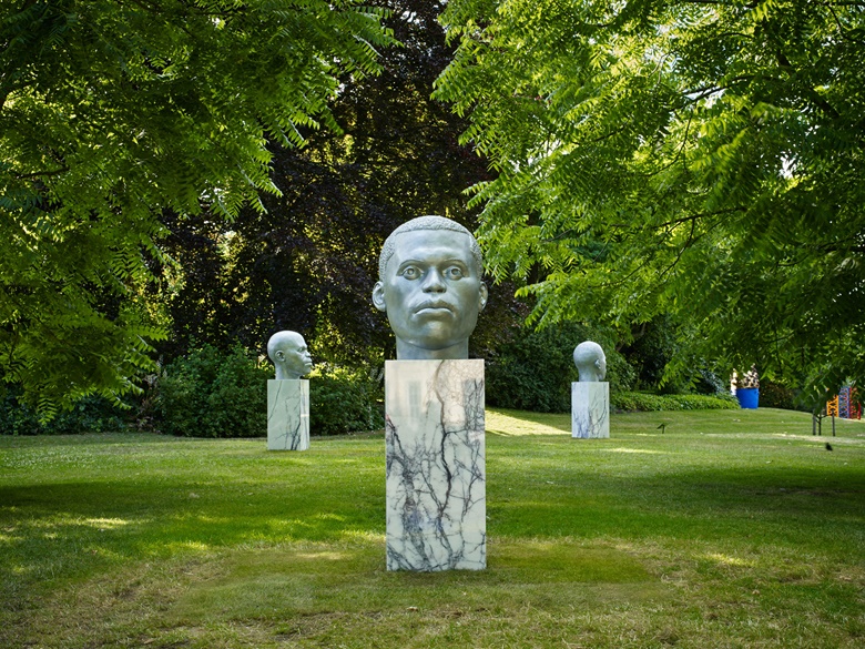 Thomas J Price, Numen (Shifting Votive One, Two and Three), 2016. Hales London & New York. Frieze Sculpture 2017. Photo by Stephen White. Courtesy of Stephen WhiteFrieze