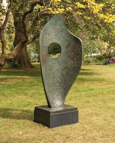 Dame Barbara Hepworth (1903-1975), Curved Form (Bryher II). Bronze with a green and brown patina and copper strings, 82¾ in (210.2 cm) high, including the base. Sold for £3,301,000 on 26 June 2017