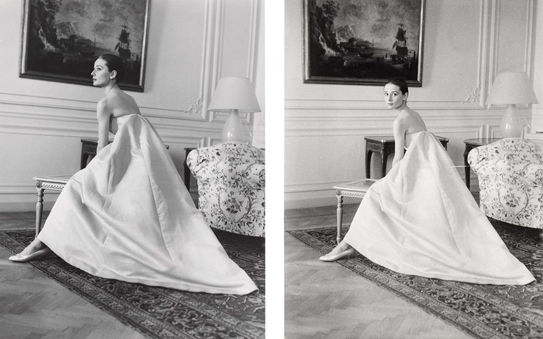 The Nun’s Story, 1959 —
Howell Conant (1916-1999), Audrey Hepburn at a dress fitting with Hubert de Givenchy for the premiere of The Nuns Story, circa 1959. Each sheet 9⅝ x 7⅛  in (24.3 x 18  cm). Estimate £800-1,200. This lot is offered in Audrey Hepburn The Personal Collection on 27 September 2017  at Christie’s in London