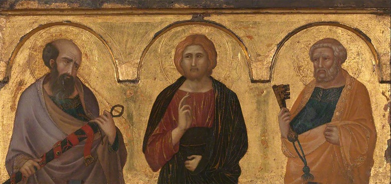 Pietro Lorenzetti (active c. 1306-1345), Christ between Saints Peter and Paul, c. 1320. Tempera and gold on gold-ground panel. 32 x 70.5 cm (13 x 28 in). Sold for £5,081,250 on 3 July 2012 at Christie’s in London (negotiated sale). © Christie’s Images 