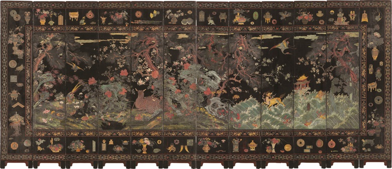 A magnificent 12-panel coromandel lacquer screen, Kangxi period (1662-1722). 107¾  in (276.7  cm) high, 20⅞  in (52.5  cm) wide, ⅞  in (2.1  cm) deep, each panel. Sold for $200,000 on 14-15 September 2017 at Christie’s in New York