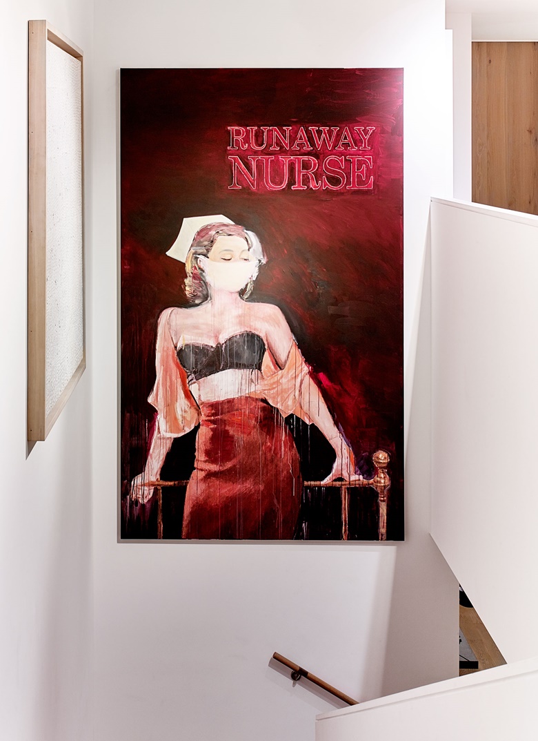 Richard Prince, Runaway Nurse, 2005–06 and Yayoi Kusama, Infinity Net #4, 1959. Courtesy Yayoi Kusama Inc., Ota Fine Arts, TokyoSingapore, David Zwirner, New YorkLondon and Victoria Miro, London, © Yayoi Kusama. © Richard Prince.