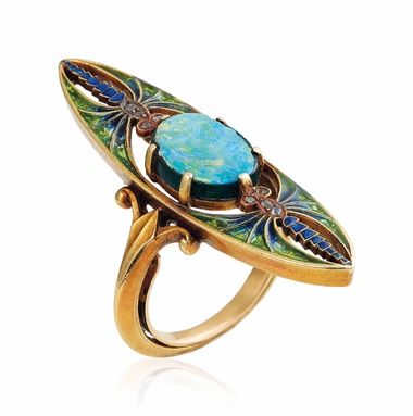 An Art Nouveau doublet opal, enamel and diamond ring, by Eugène Feuillâtre, circa 1900. This lot was offered in Beyond Boundaries Magnificent Jewels from a European Collection on 13 November 2017 at Christie’s in Geneva and sold for CHF 27,500