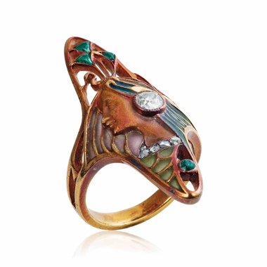 An Art Nouveau enamel, diamond and emerald ring, by Léopold Gautrait, circa 1900. This lot was offered in Beyond Boundaries Magnificent Jewels from a European Collection on 13 November 2017 at Christie’s in Geneva and sold for CHF 32,500