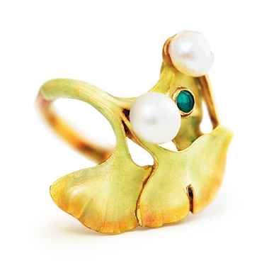 An Art Nouveau enamel, pearl and emerald ring, by Lucien Gaillard, circa 1900. This lot was offered in Beyond Boundaries Magnificent Jewels from a European Collection on 13 November 2017 at Christie’s in Geneva and sold for CHF 37,500