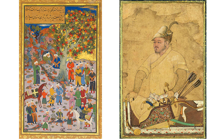 Left Visit to a Dervish, signed Mahmud Muzahhib, Bukhara, dated AH 9681560-61 AD. Painting 11 x 6¼ in (27.8 x 15.7 cm); folio 14 x 9¼ in (35.4 x 23.2 cm). Sold for £313,250 on