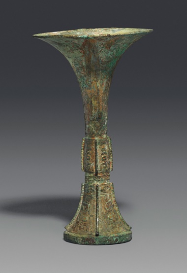 A bronze ritual wine vessel, gu, Shang dynasty (1600-1100 BC). 10¾  in (27.4  cm) high. Estimate £20,000-40,000. This lot is offered in Fine Chinese Ceramics & Works of Art on 7 November 2017  at Christie’s in London