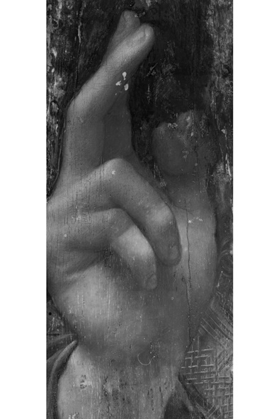 Infrared reflectography of pentiment in Christ’s blessing hand